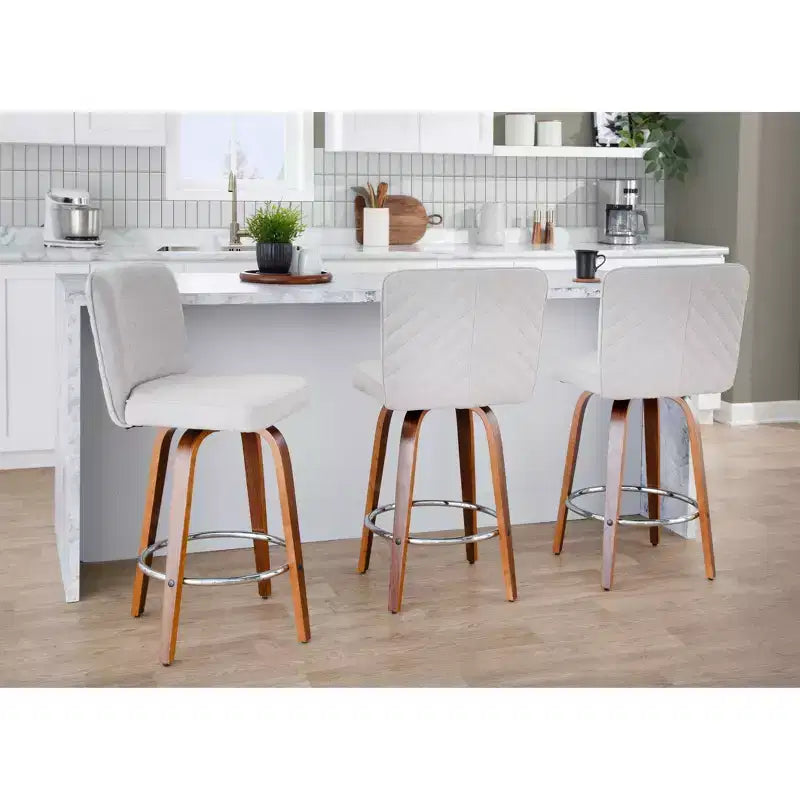 Tabourets de bar hauteur comptoir, bois de noyer/tissu beige
