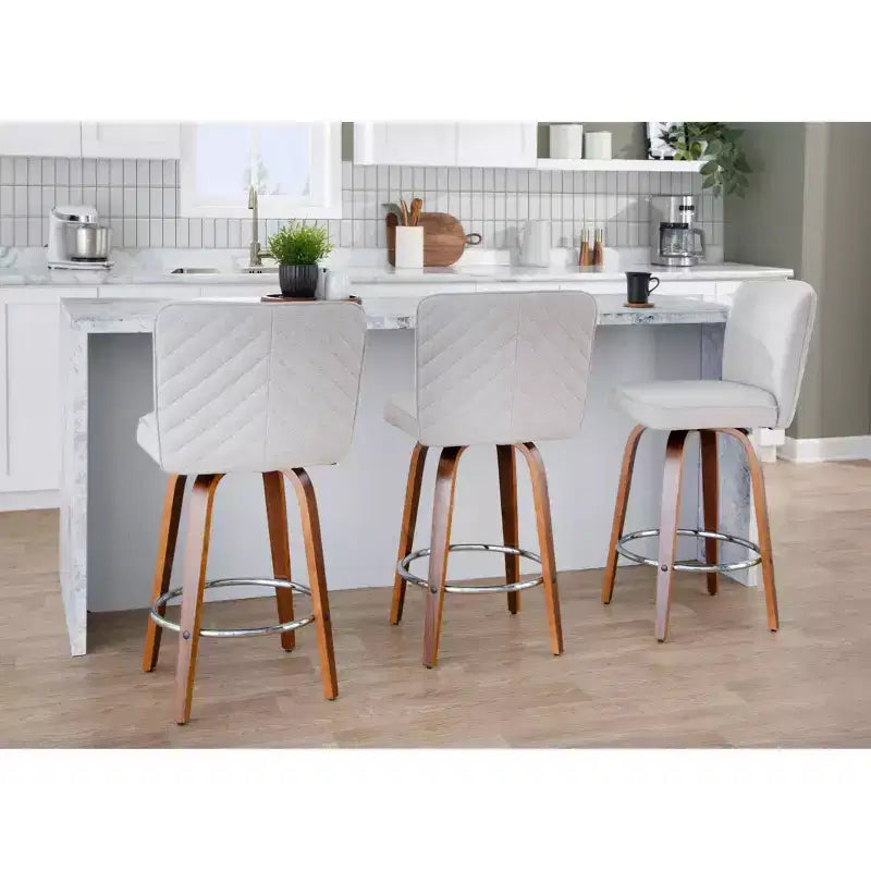 Tabourets de bar hauteur comptoir, bois de noyer/tissu beige