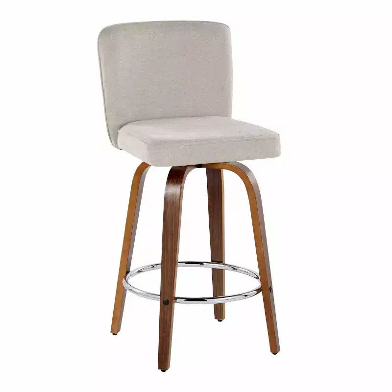 Tabourets de bar hauteur comptoir, bois de noyer/tissu beige