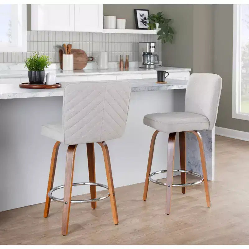 Tabourets de bar hauteur comptoir, bois de noyer/tissu beige