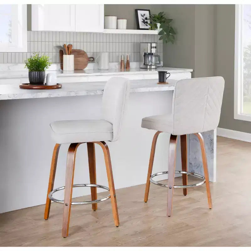 Tabourets de bar hauteur comptoir, bois de noyer/tissu beige