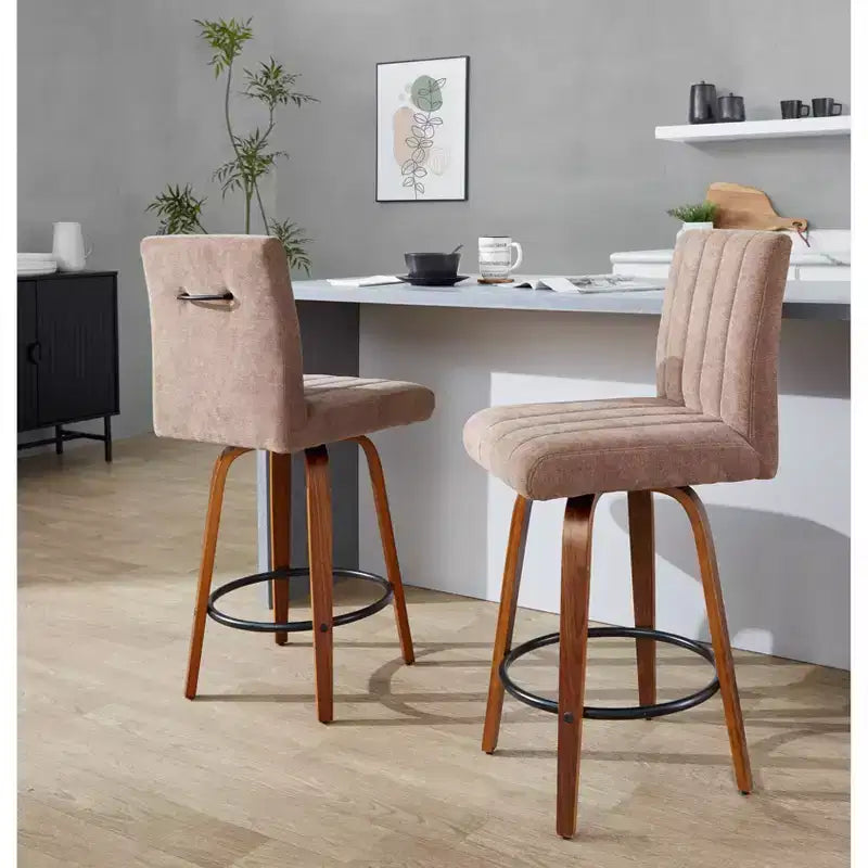 Tabourets de bar hauteur comptoir en noyer et tissu marron