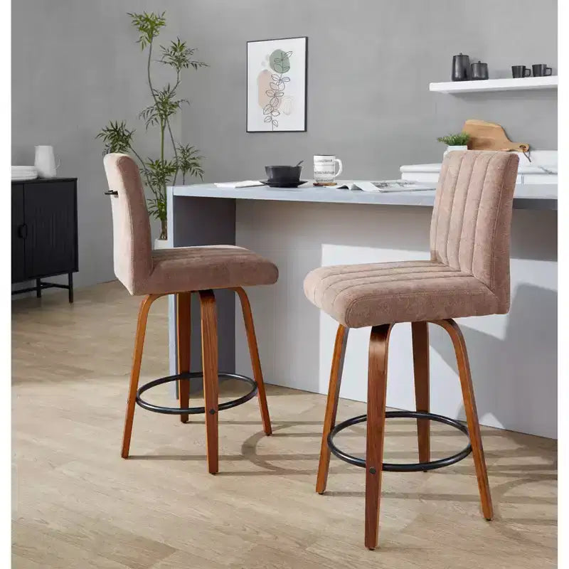 Tabourets de bar hauteur comptoir en noyer et tissu marron