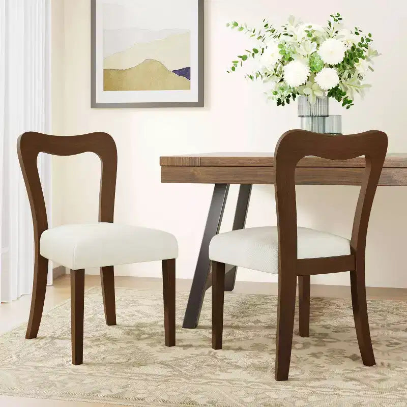 Chaises de salle à manger tapissées en bois d'hévéa avec dossier ouvert incurvé Beige/Noyer