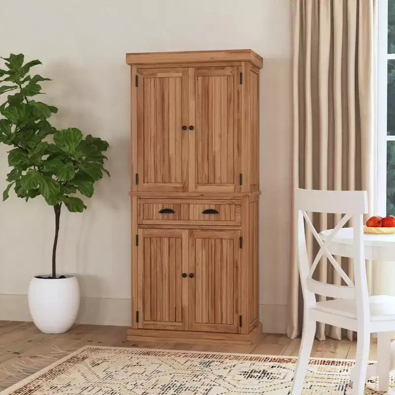 Meuble de Rangement de Cuisine en Bois Dur Naturel avec Tiroir et Étagères