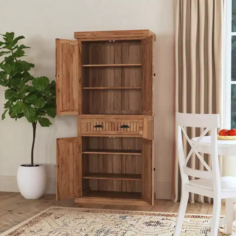 Meuble de Rangement de Cuisine en Bois Dur Naturel avec Tiroir et Étagères