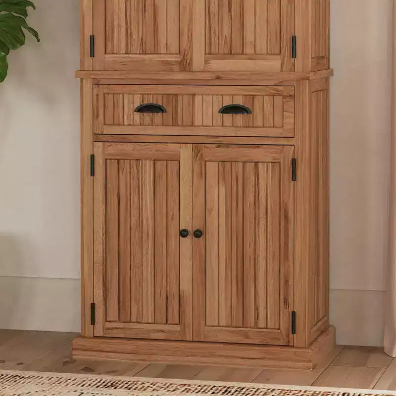 Meuble de Rangement de Cuisine en Bois Dur Naturel avec Tiroir et Étagères