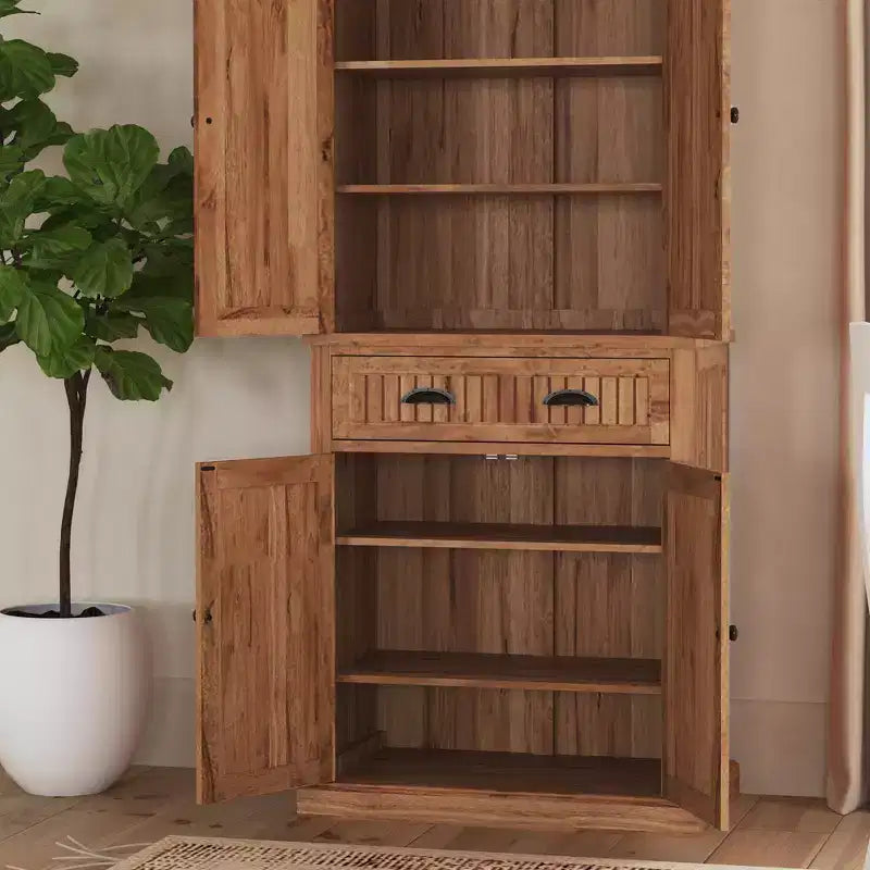 Meuble de Rangement de Cuisine en Bois Dur Naturel avec Tiroir et Étagères
