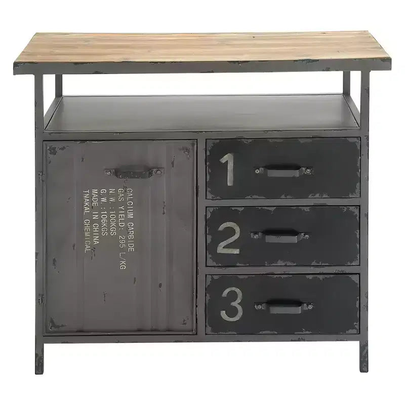 Olivia & May Metal Utility Cabinet with Wood Top Steel Gray: Industrial Style Iron Frame 3 Drawers 2 Doors No Assembly Required