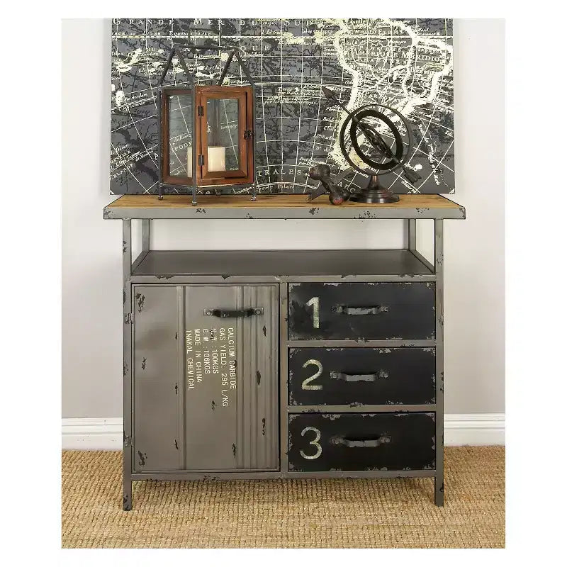 Armoire utilitaire en métal avec plateau en bois gris acier : Cadre en fer de style industriel
