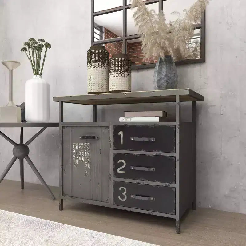 Armoire utilitaire en métal avec plateau en bois gris acier : Cadre en fer de style industriel