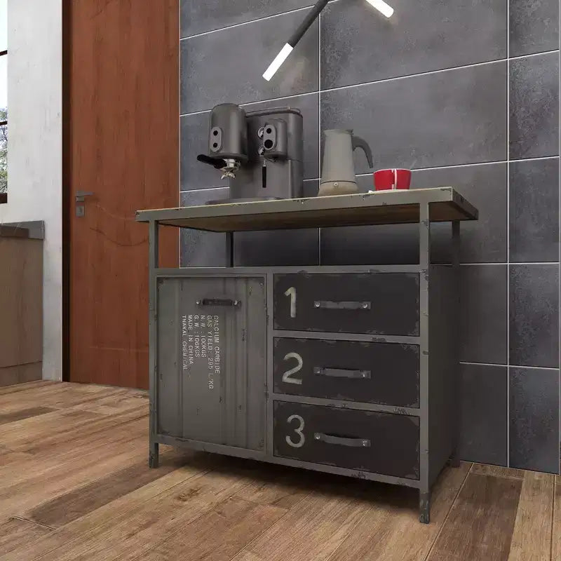 Armoire utilitaire en métal avec plateau en bois gris acier : Cadre en fer de style industriel