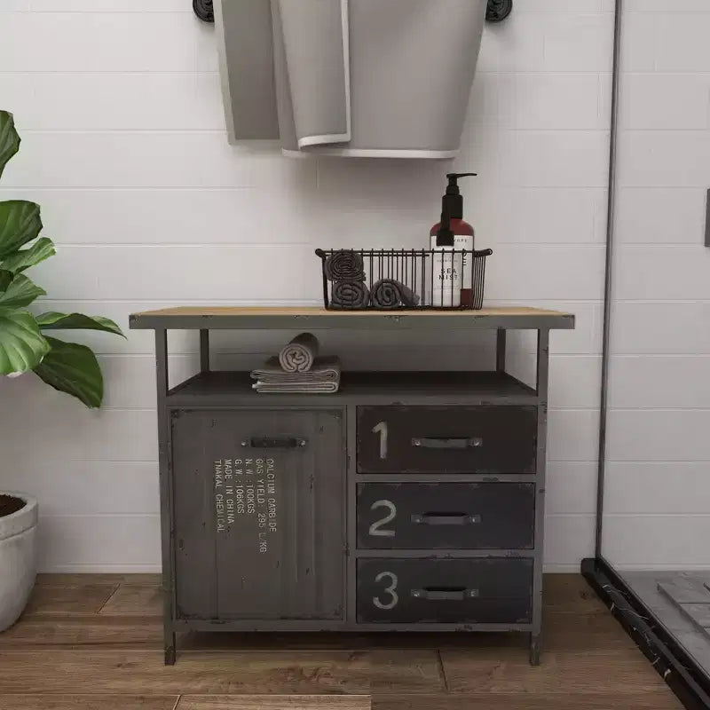 Armoire utilitaire en métal avec plateau en bois gris acier : Cadre en fer de style industriel