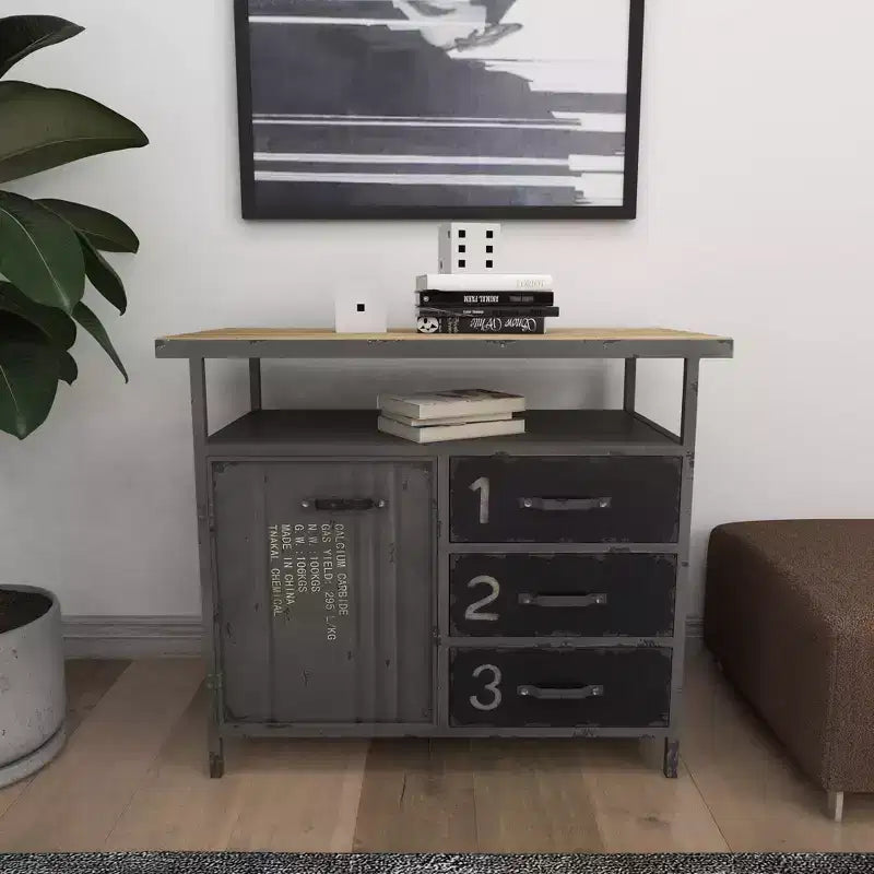 Armoire utilitaire en métal avec plateau en bois gris acier : Cadre en fer de style industriel
