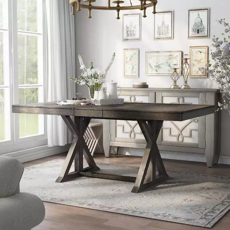 Table de salle à manger extensible avec pieds en tréteaux