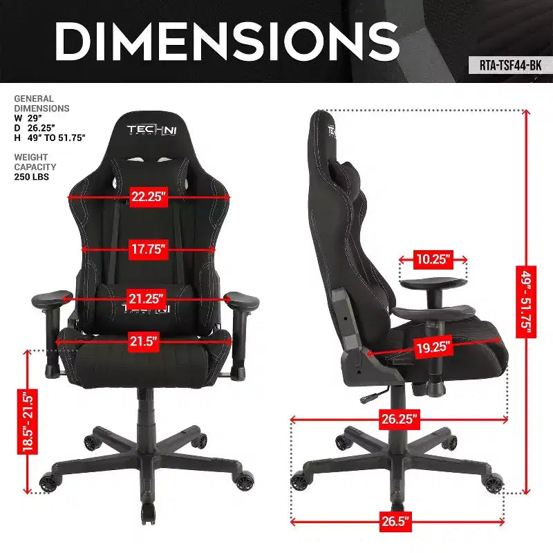 Fauteuil de jeu vidéo ergonomique en tissu, style course, dossier haut, noir