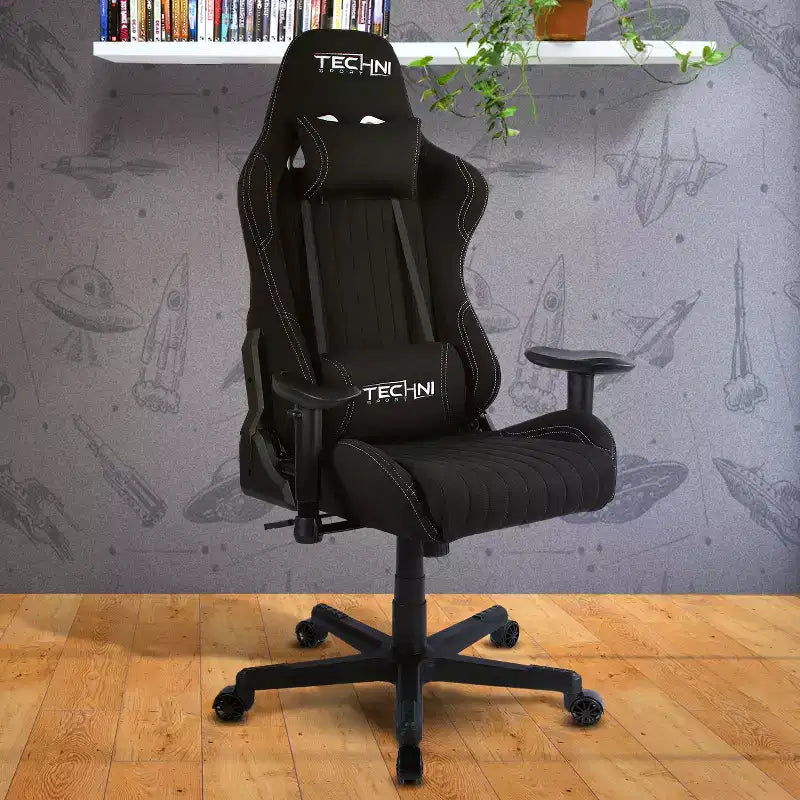 Fauteuil de jeu vidéo ergonomique en tissu, style course, dossier haut, noir