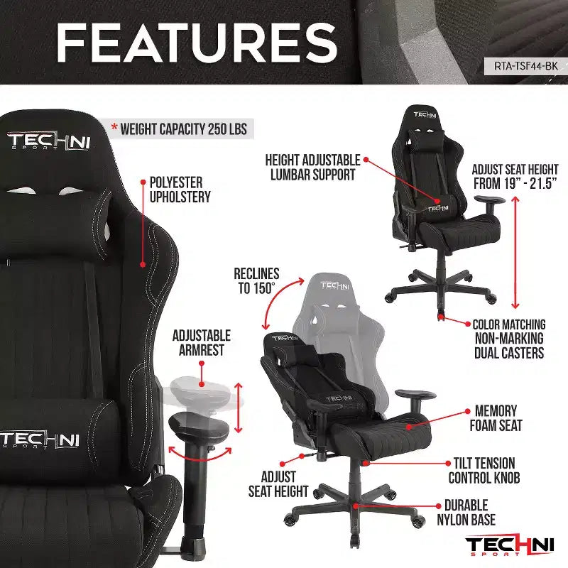 Fauteuil de jeu vidéo ergonomique en tissu, style course, dossier haut, noir