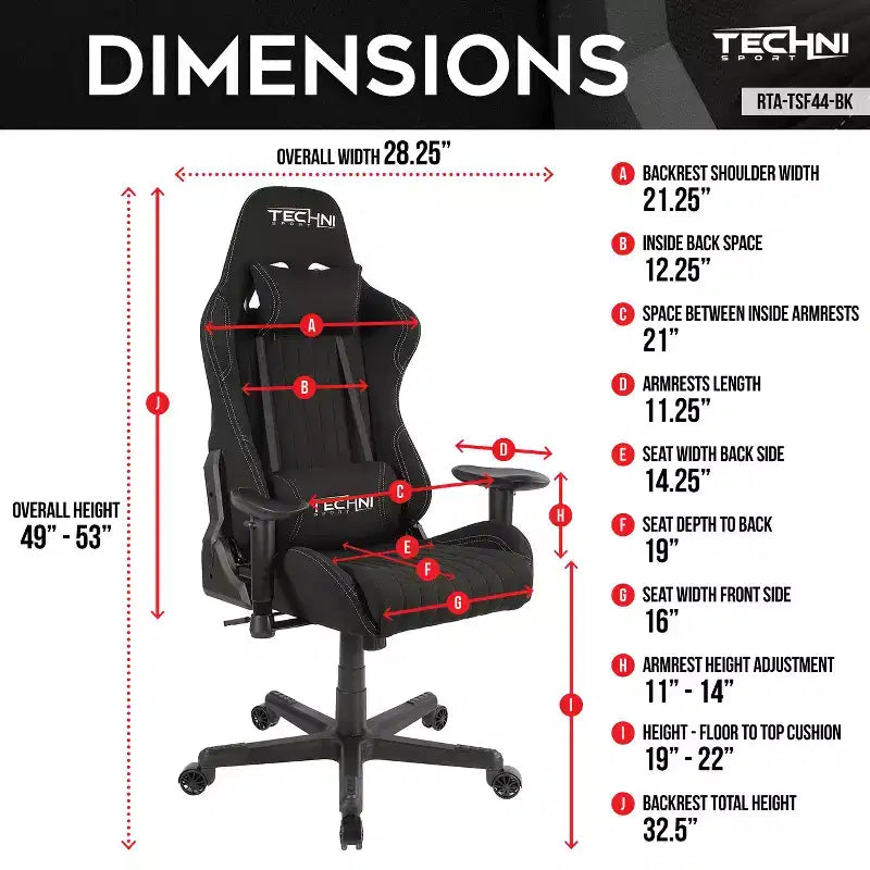 Fauteuil de jeu vidéo ergonomique en tissu, style course, dossier haut, noir