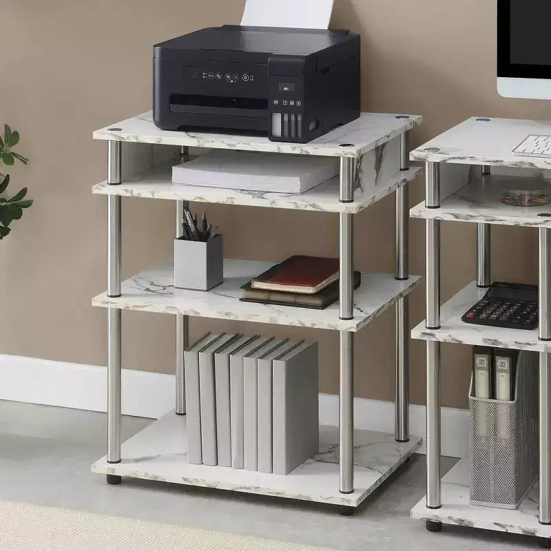 Meuble Imprimante avec Étagères en Faux Marbre Blanc