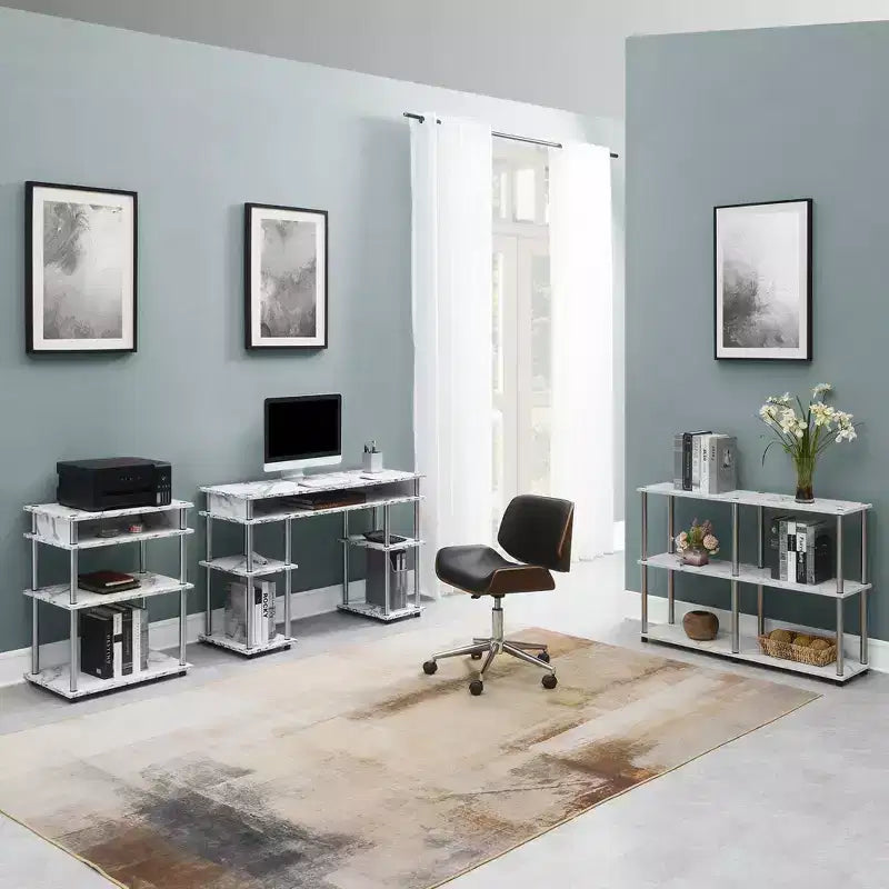 Meuble Imprimante avec Étagères en Faux Marbre Blanc
