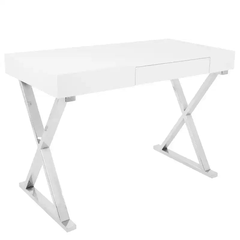 Luster Contemporary Desk White - LumiSource: Chrome X-Legs MDF Gloss Finish Pullout Drawer