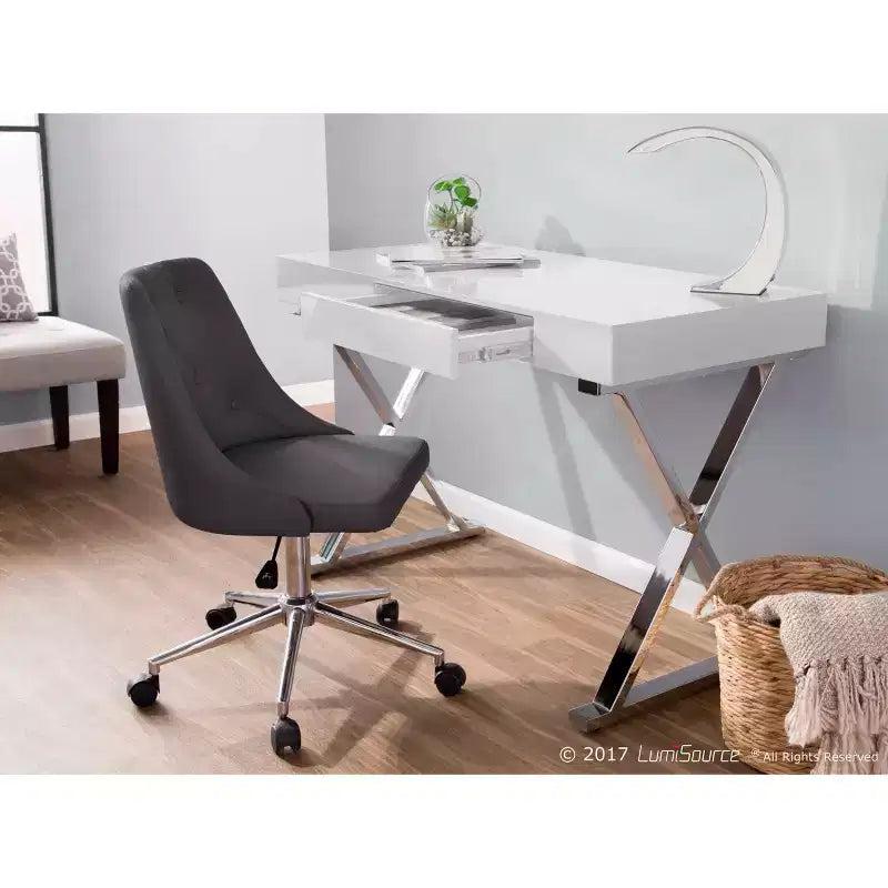 Bureau contemporain blanc, piètement en X chromé, finition brillante MDF, tiroir coulissant
