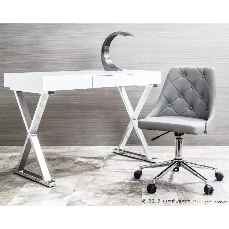 Bureau contemporain blanc, piètement en X chromé, finition brillante MDF, tiroir coulissant