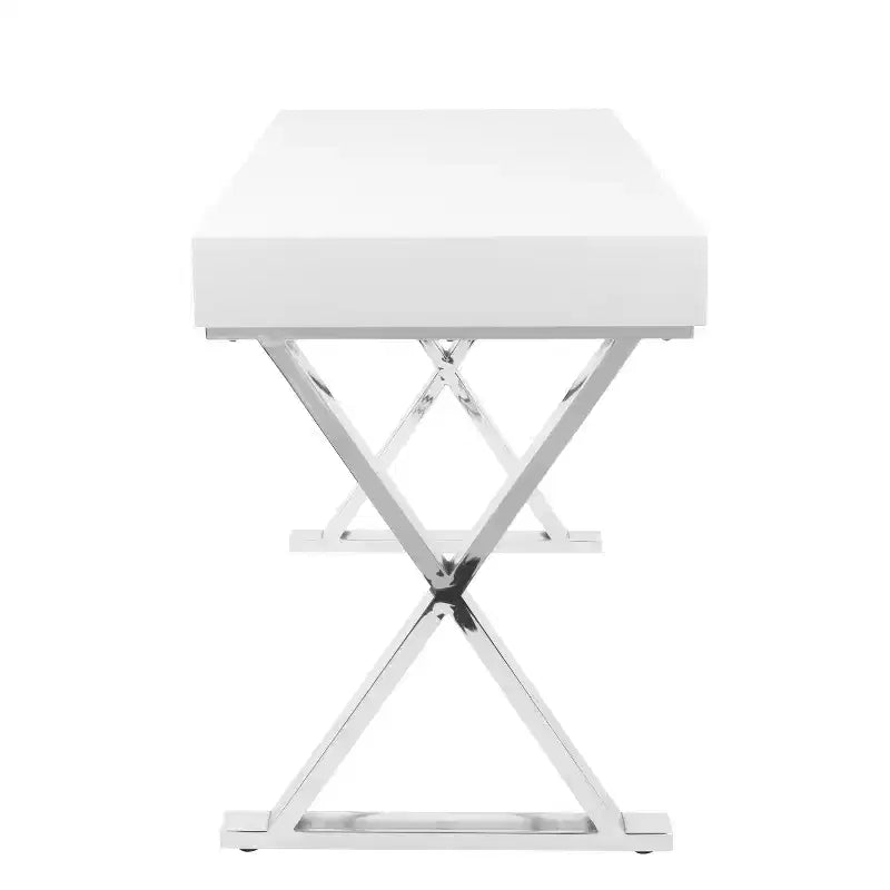 Bureau contemporain blanc, piètement en X chromé, finition brillante MDF, tiroir coulissant