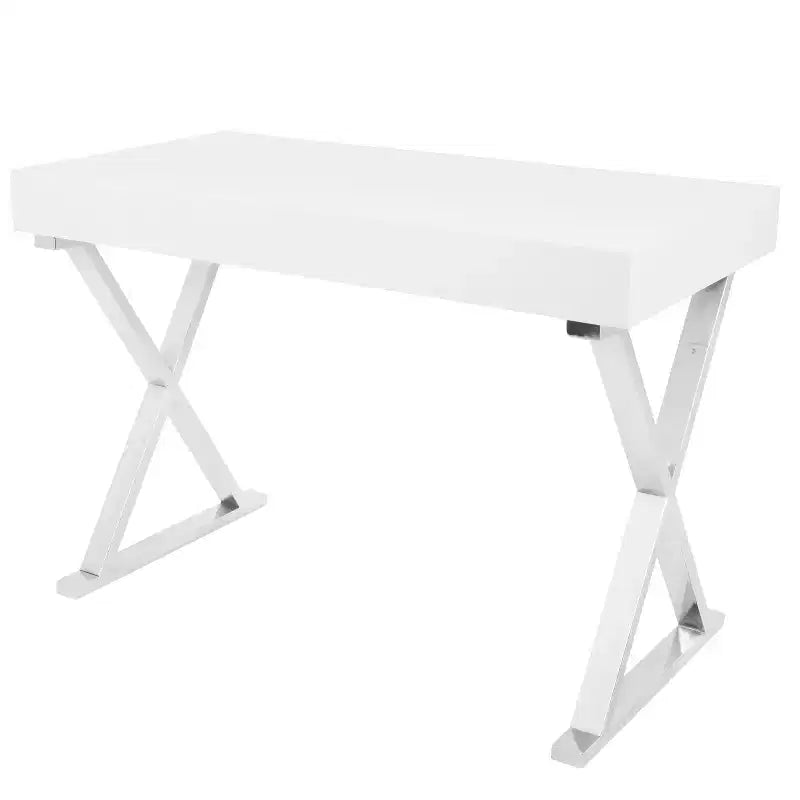 Bureau contemporain blanc, piètement en X chromé, finition brillante MDF, tiroir coulissant