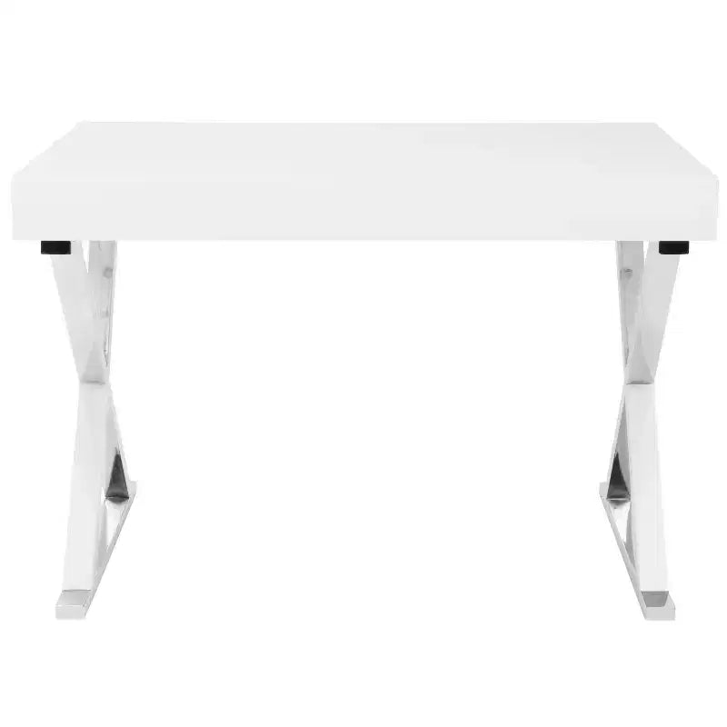 Bureau contemporain blanc, piètement en X chromé, finition brillante MDF, tiroir coulissant