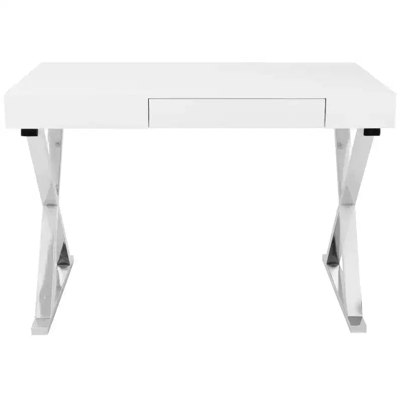 Bureau contemporain blanc, piètement en X chromé, finition brillante MDF, tiroir coulissant