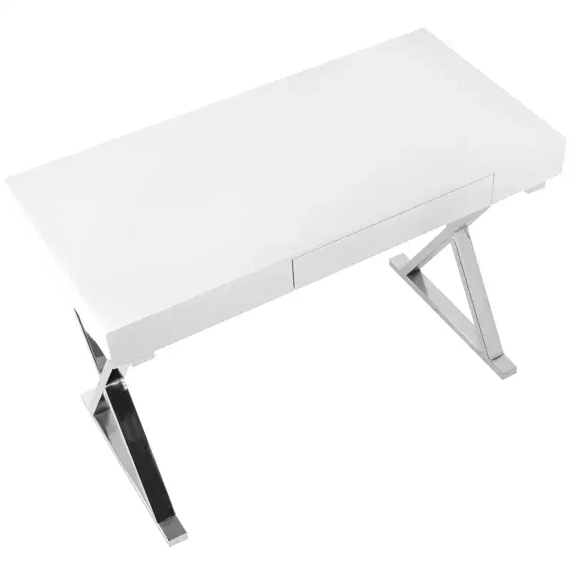 Bureau contemporain blanc, piètement en X chromé, finition brillante MDF, tiroir coulissant