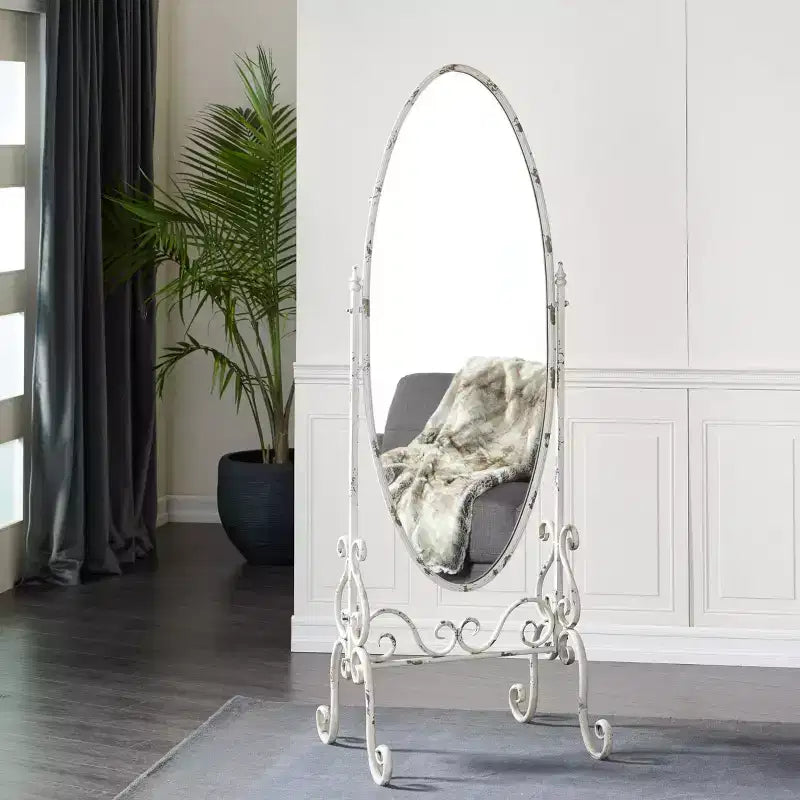 Miroir psyché ovale blanc en métal vintage