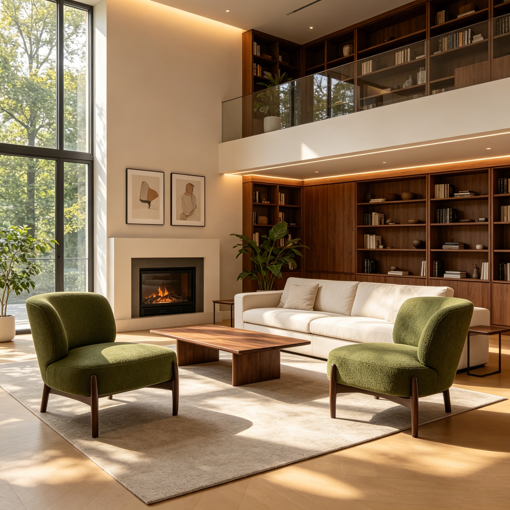 Fauteuils d'appoint modernes en bois d'hévéa et tissu bouclé verts