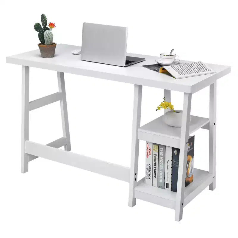 Bureau d'ordinateur à tréteaux pour télétravail avec étagères style vintage