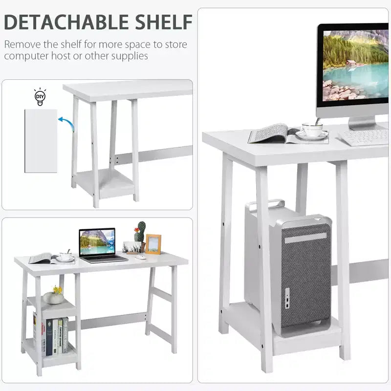 Bureau d'ordinateur à tréteaux pour télétravail avec étagères style vintage