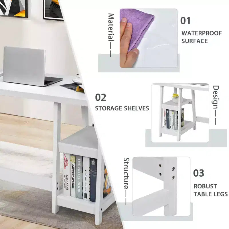 Bureau d'ordinateur à tréteaux pour télétravail avec étagères style vintage