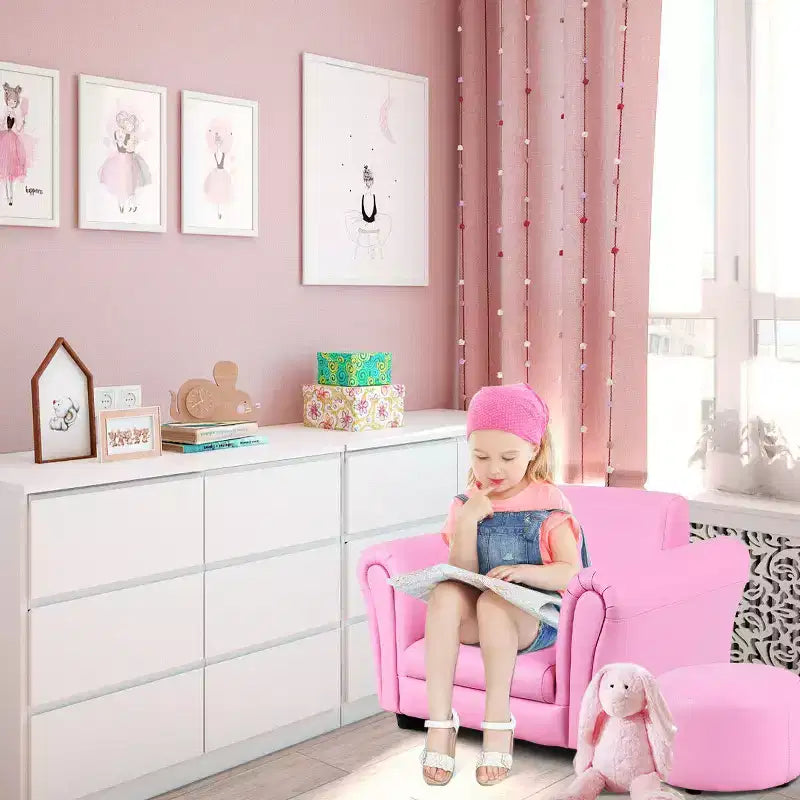 Canapé pour enfants avec accoudoirs et pouf pour tout-petits, cadeau d'anniversaire, rose