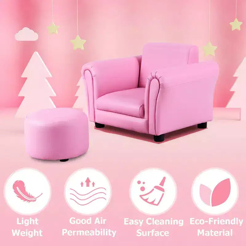 Canapé pour enfants avec accoudoirs et pouf pour tout-petits, cadeau d'anniversaire, rose