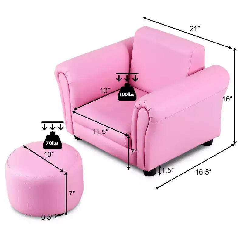 Canapé pour enfants avec accoudoirs et pouf pour tout-petits, cadeau d'anniversaire, rose