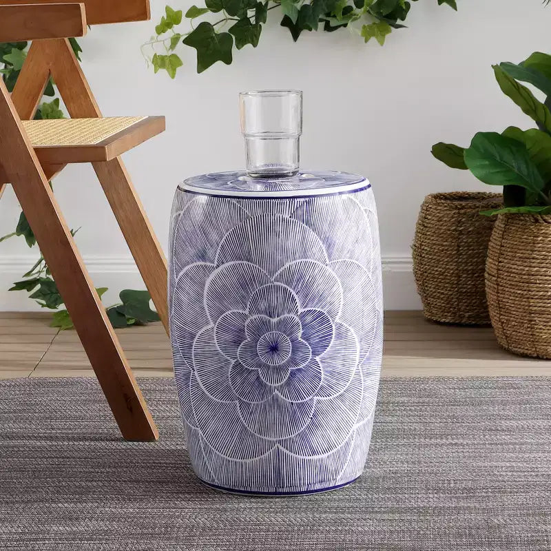 Tabouret de jardin/Table d'appoint en céramique bleue en forme de tambour
