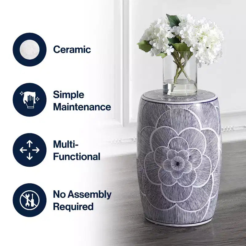 Tabouret de jardin/Table d'appoint en céramique bleue en forme de tambour
