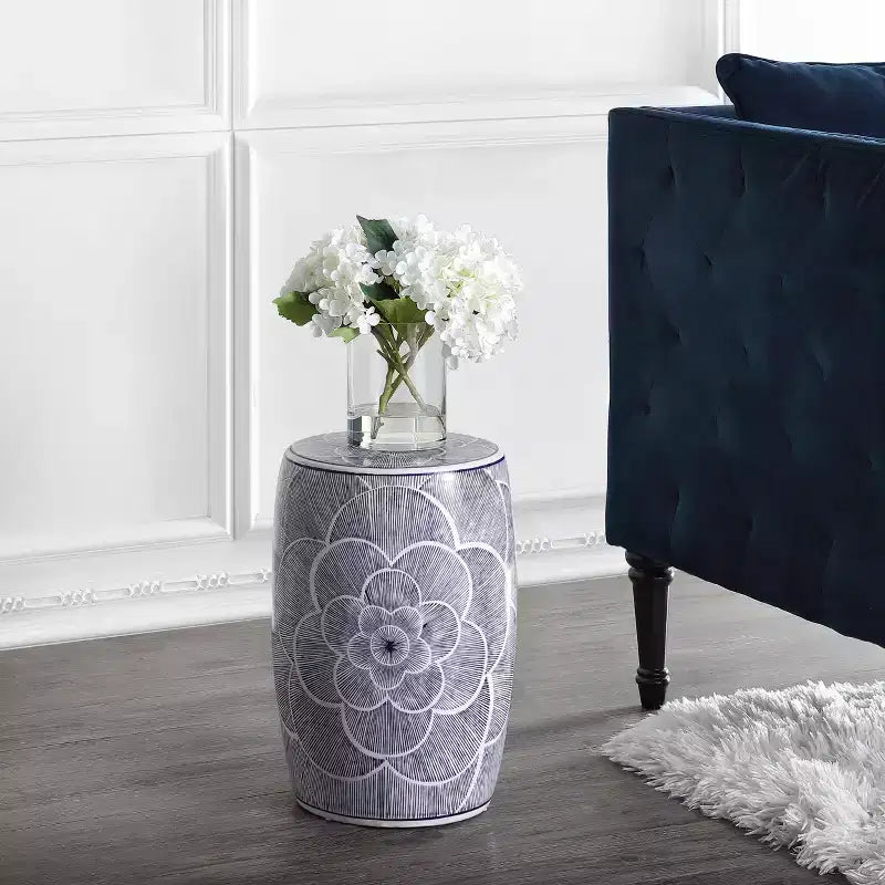 Tabouret de jardin/Table d'appoint en céramique bleue en forme de tambour