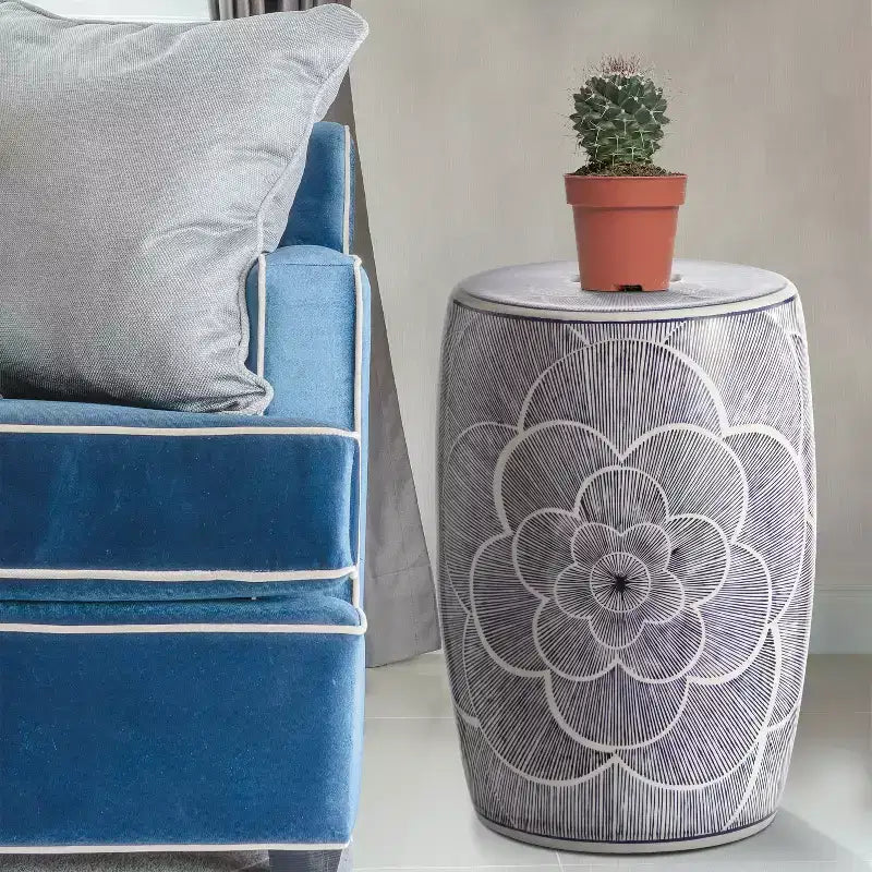 Tabouret de jardin/Table d'appoint en céramique bleue en forme de tambour
