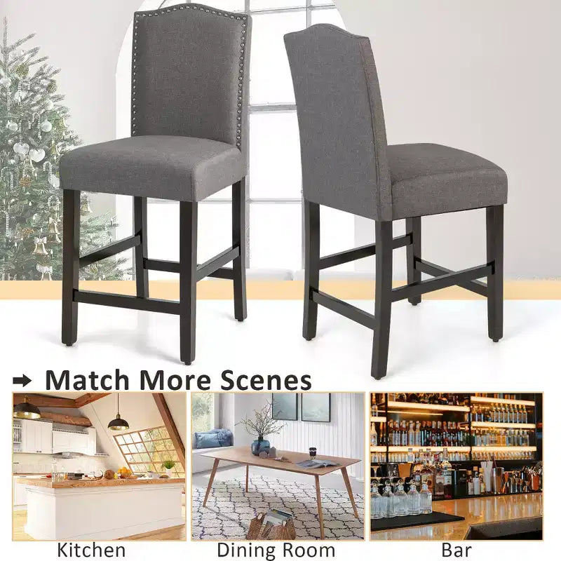 Tabourets de bar en tissu avec garniture cloutée, chaises de salle à manger à hauteur de comptoir