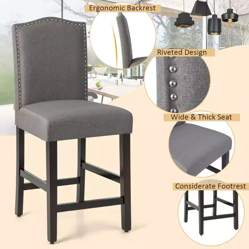 Tabourets de bar en tissu avec garniture cloutée, chaises de salle à manger à hauteur de comptoir