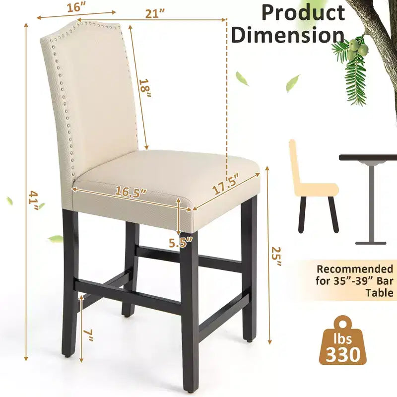 Tabourets de bar en tissu avec garniture cloutée, chaises de salle à manger à hauteur de comptoir