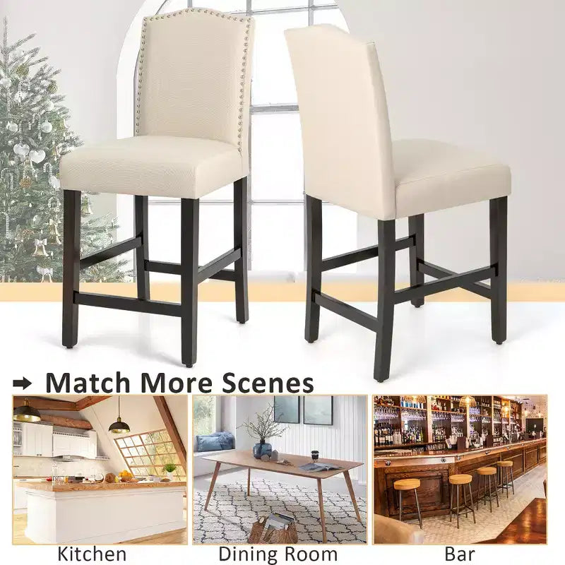 Tabourets de bar en tissu avec garniture cloutée, chaises de salle à manger à hauteur de comptoir