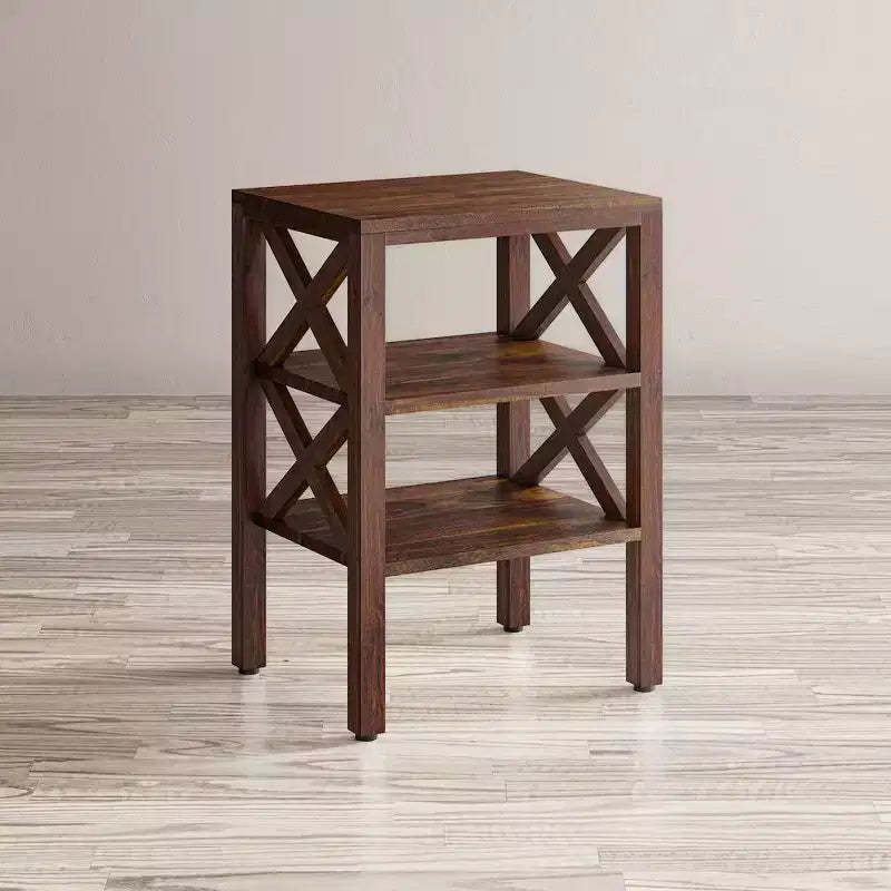 Table d'appoint rustique moderne en bois massif avec deux étagères et côtés en X